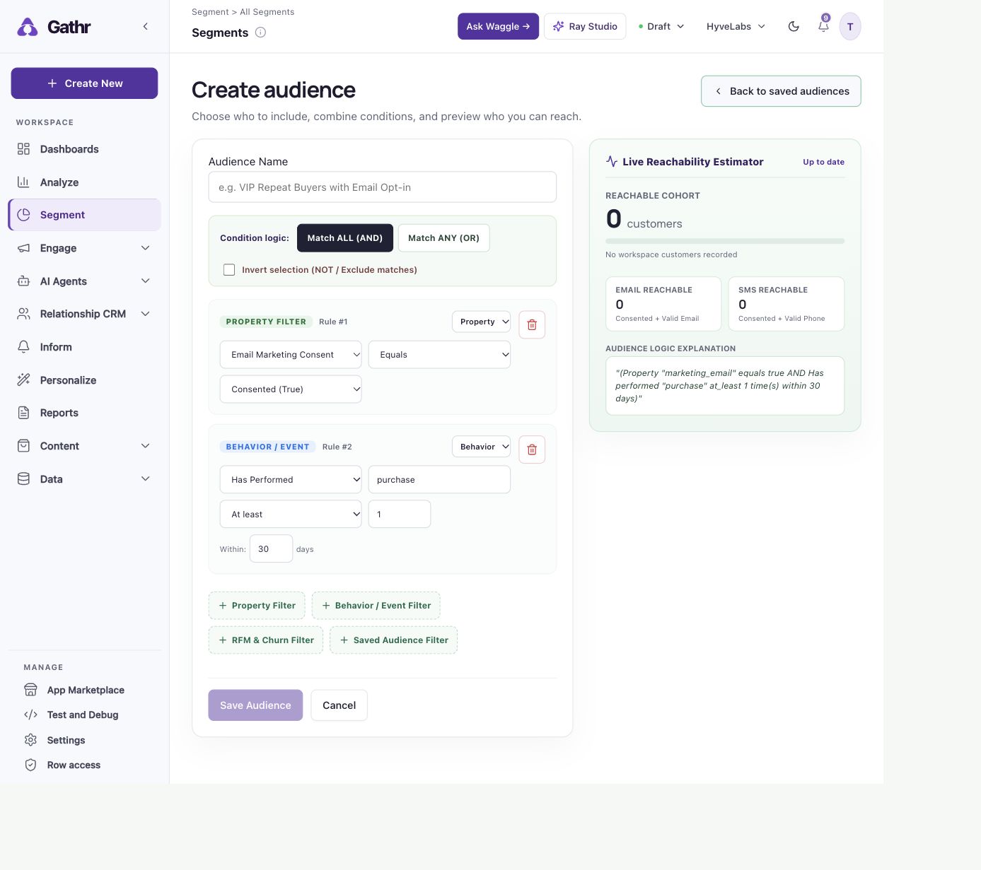 Gathr audience builder workspace